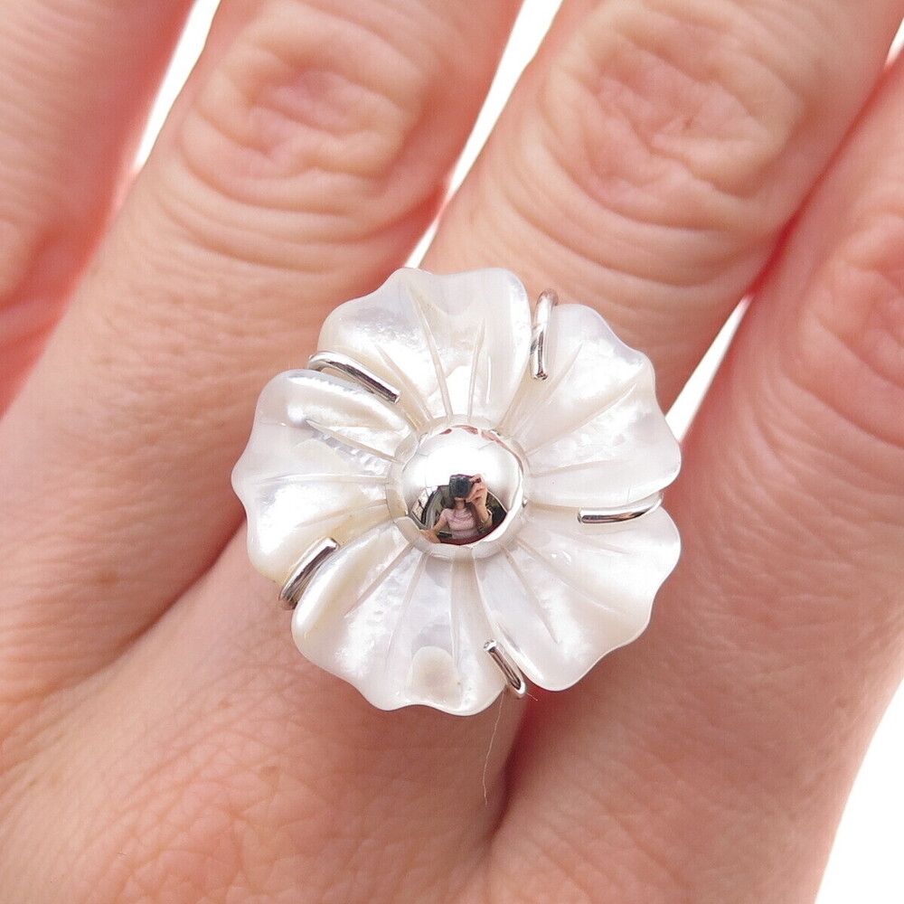 Rider 950 Silver Vintage Real Carved MOP Floral Adjustable Ring Size 8.75